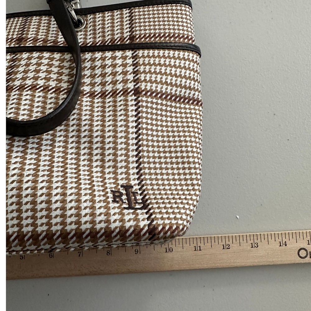 Lauren Ralph Lauren Brown Houndstooth Plaid Tote Bag Leather Trim Shoulder Bag - Picture 11 of 15